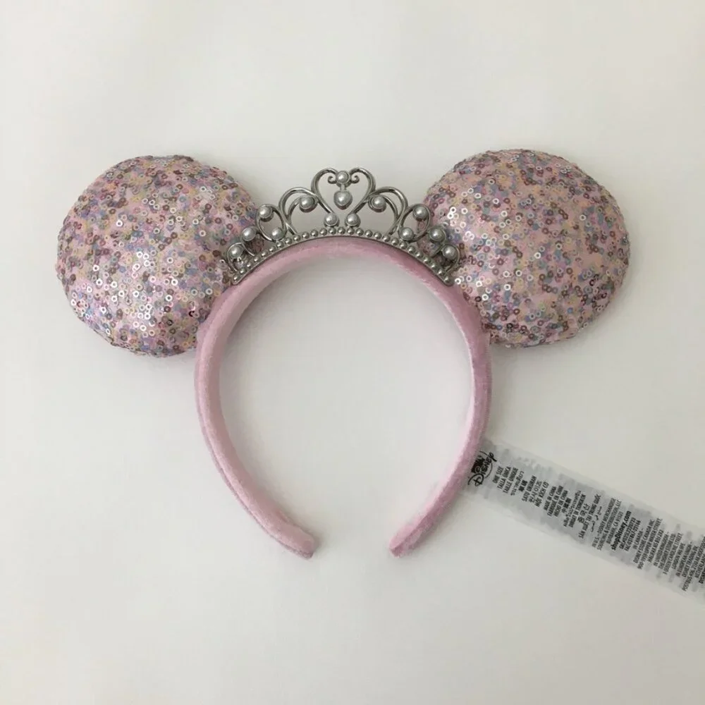 Disney Minnie Mouse HeadBand Pink Velvet-Sequin BONUS-Magic Wand & Clip Earrings